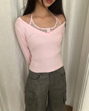 Matan Stripe Halter V-neck Long Sleeve T-shirt Set