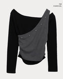 [Fake Layered] Linshu Studded Color Matching Brushed Long-Sleeve T-Shirt