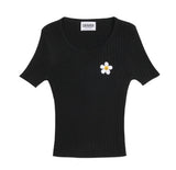 Flower Dot Embroidery Crop Short Sleeve Knit