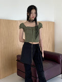 Tabl Green Corset Two-Way Off-Shoulder Short-Sleeve Blouse