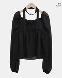 [Muffler Set] Hassen Ribbon Halterneck Puff Blouse Set