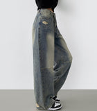 Unique Cut Line Damage Point Balloon Wide Denim Pants