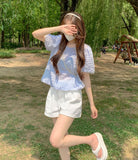 Honeycomb Embossed Material Mesh Lining Balloon Short Sleeve Blouse