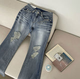 Catbrush Washing Ripped Jeans Semi-Bootcut Denim Pants