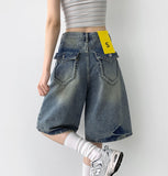 Backpoint Pocket Washing Bermuda Scratch Knee Length Denim Pants