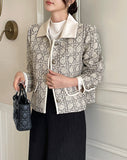 Demur Color Matching Collar Pattern Tweed Short Jacket