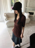 Pamil Vintage V-Neck Button Pleated Half-Length Short-Sleeved T-Shirt