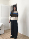Wool Stripe Color Matching Button Round Long Sleeve Knitwear