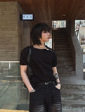 Cave Rib Diagonal Zipper Short Sleeve T-shirt