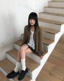 [muffler set] Tur no-collar V-neck button long-sleeved jacket