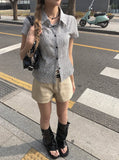Chori Small Check Shirring Pintuck Puff Short Sleeve Shirt