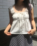 Hana Lace Ribbon Puff Sleeveless Short Sleeve Blouse