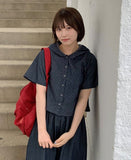 [BAONHAUS] Teltu Dot Raw Denim Hood Short Sleeve Blouse