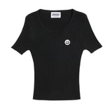 Drawing Smile Embroidery Crop Short Sleeve Knit