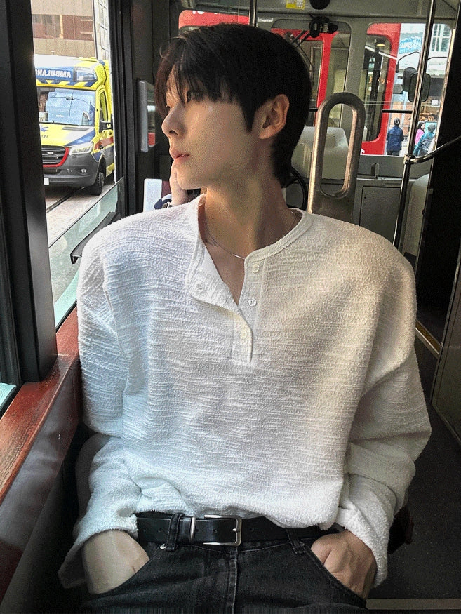 【COSYHARU】Tweed Henley Neck Long Sleeve Tee COSYHARU (コシハル) - ツイードヘンリーネック長袖Tシャツ