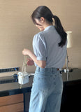 Two Pin Stripe Puff Short Sleeve Shirt Blouse