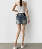 Hip-up Vintage Back Pocket Point Washing H-line Denim Skirt