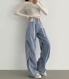 Knee Side Pin Tuck Balloon Waist Adjustment Wide Fit Denim Pants