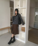 [Brushed Lining] Knockin Stripe One Shoulder Unbalanced Knit T-shirt