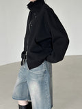 Curved Rivet Two-Way Hooded Zip-Up