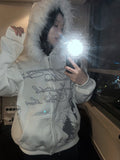 Angel Lettering Fur Trimmed Hood Zip-Up