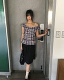 Benha Check Puff Frill Sleeveless Blouse