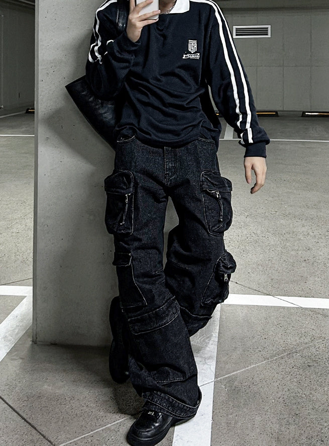 Multi-pocket cargo denim pants