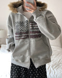 America Dirty Printing Brushed Fur Hood Zip-Up