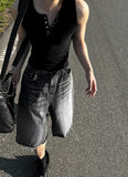 Adjust cut black denim bermuda pants