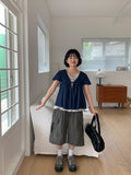Cheatero Denim Layered Short Sleeve Blouse