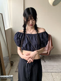 Minen Denim Off Shoulder Cropped Short Sleeve Blouse