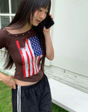 Richin American Flag Stud Rivet Unbalanced Off-shoulder Short Sleeve T-shirt