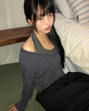 Sheen Layered Shirring V-Neck Long Sleeve T-Shirt