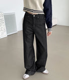 Raw autumn non-fade banding casual wide denim pants