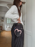 Heart pink stitch indigo denim pants