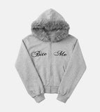 Raccoon Fur Letter Hood Zip-Up