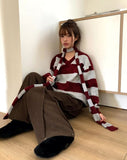 [Muffler SET] Phu Stripe Color Matching V-Neck Loose Fit Long Sleeve Long Knit