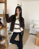 Cuff Stripe Color Matching Collar Loose Fit Long Sleeve Knit