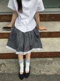Karohi Sleeve Layered Check Shirring Midi Banding Skirt