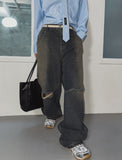 Cross Damage Banding Denim Pants