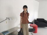 Seren Vintage Pintuck Slit Puff Sleeve Short-Sleeved Shirt