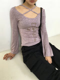 Compo Vintage Cross X Strap Deep V Neck Long Sleeve T-Shirt