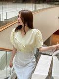 Maelle V-neck Unbalance Collar Three Quarter Blouse