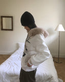 [Brushed Lining] Biffon Lettering Loose Fit Fur Hood Zip-Up