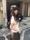 [Scarf set] Junku Lace Shirring Short Sleeve T-Shirt Set
