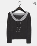 Lasso striped string layered outer brushed color matching off-shoulder T-shirt