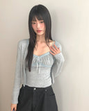 Sera Shirring Lace Ribbon Crop Long Sleeve Sleeveless Cardigan Set