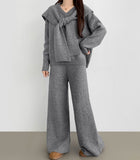 Shawl V-Neck Knit Long Wide Banding Pants Three Piece Wool Two Piece Set