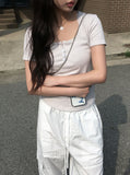 Shudi Stripe Lace Square Neck Short Sleeve T-Shirt