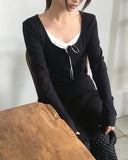 Dew Lace Loose Fit Button Shirring Long Sleeve T-Shirt